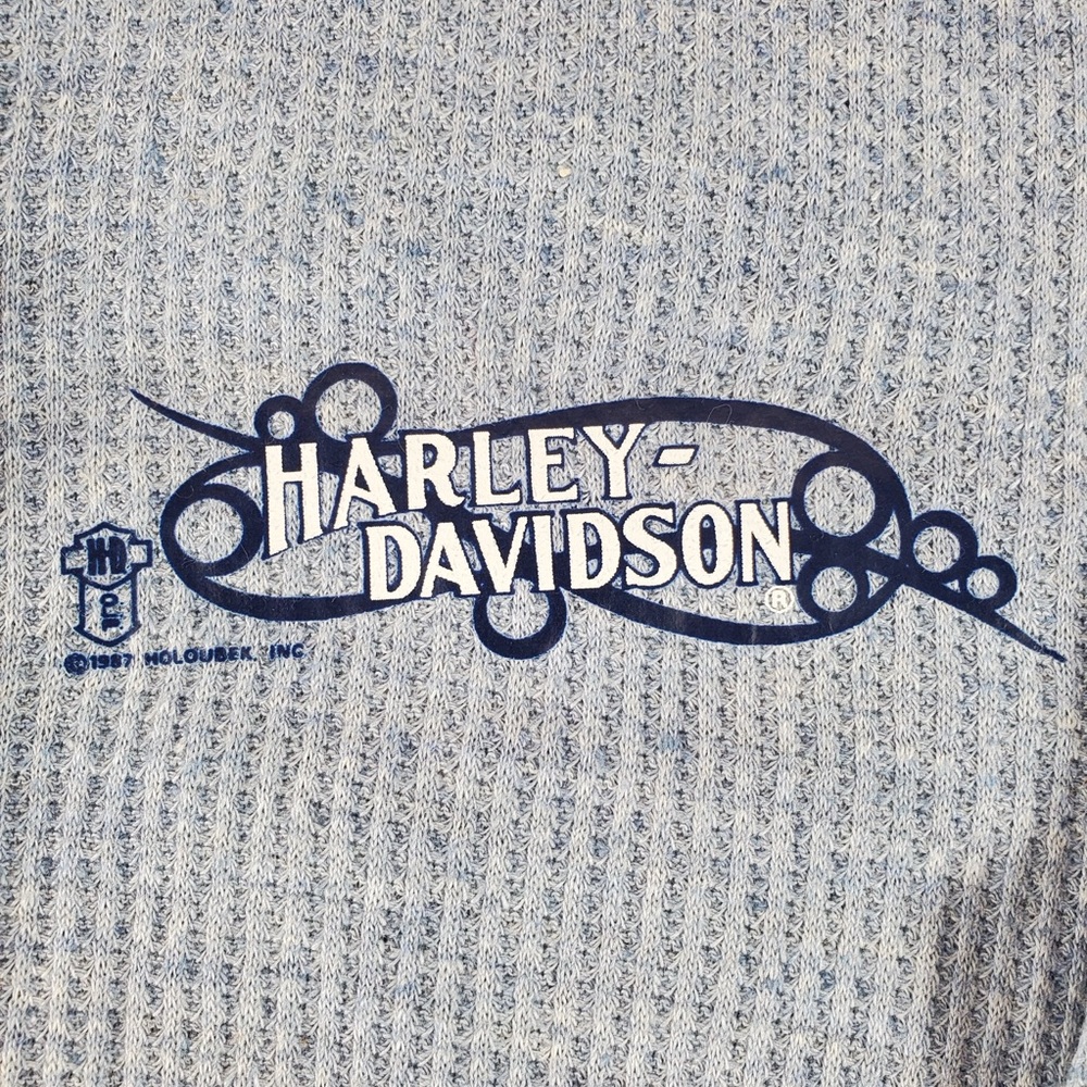 Vintage Harley Davidson Thermal Shirt Women Medium Blue 1987 Holubek Waffle Knit - Picture 3 of 12